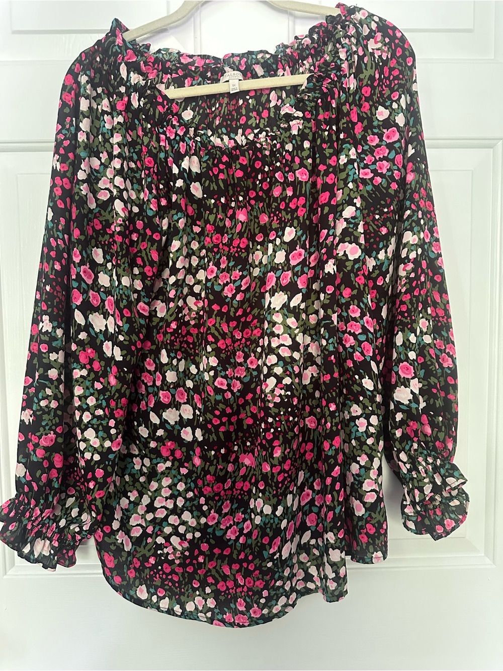 Talbots Black Floral Gathered Blouse with Pink & Cream Accents